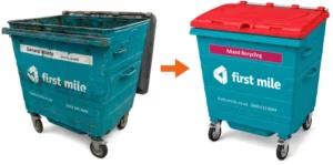 Wheelie Bin Direct refurbishment services (bronze, silver, gold and full rebuild) - before and after photo of a 4-wheeled metal wheelie bin restored with a new red branded lid