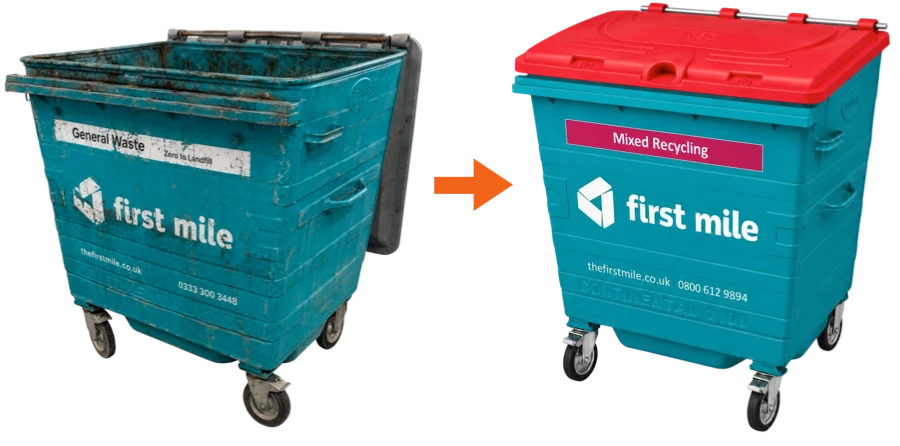 Wheelie Bin Direct refurbishment services - before and after photo of a 4-wheeled metal wheelie bin restored with a new red branded lid