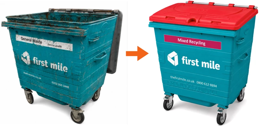 Wheelie Bin Direct refurbishment services - before and after photo of a 4-wheeled metal wheelie bin restored with a new red branded lid