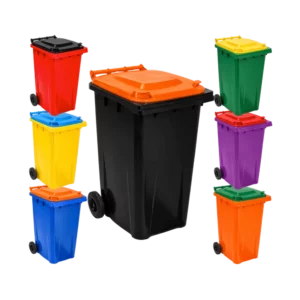 Wheelie Bin Direct's 240 Litre Plastic Wheelie Bin mix-and-match body and lid colours, black, blue, green, purple, red, range and yellow