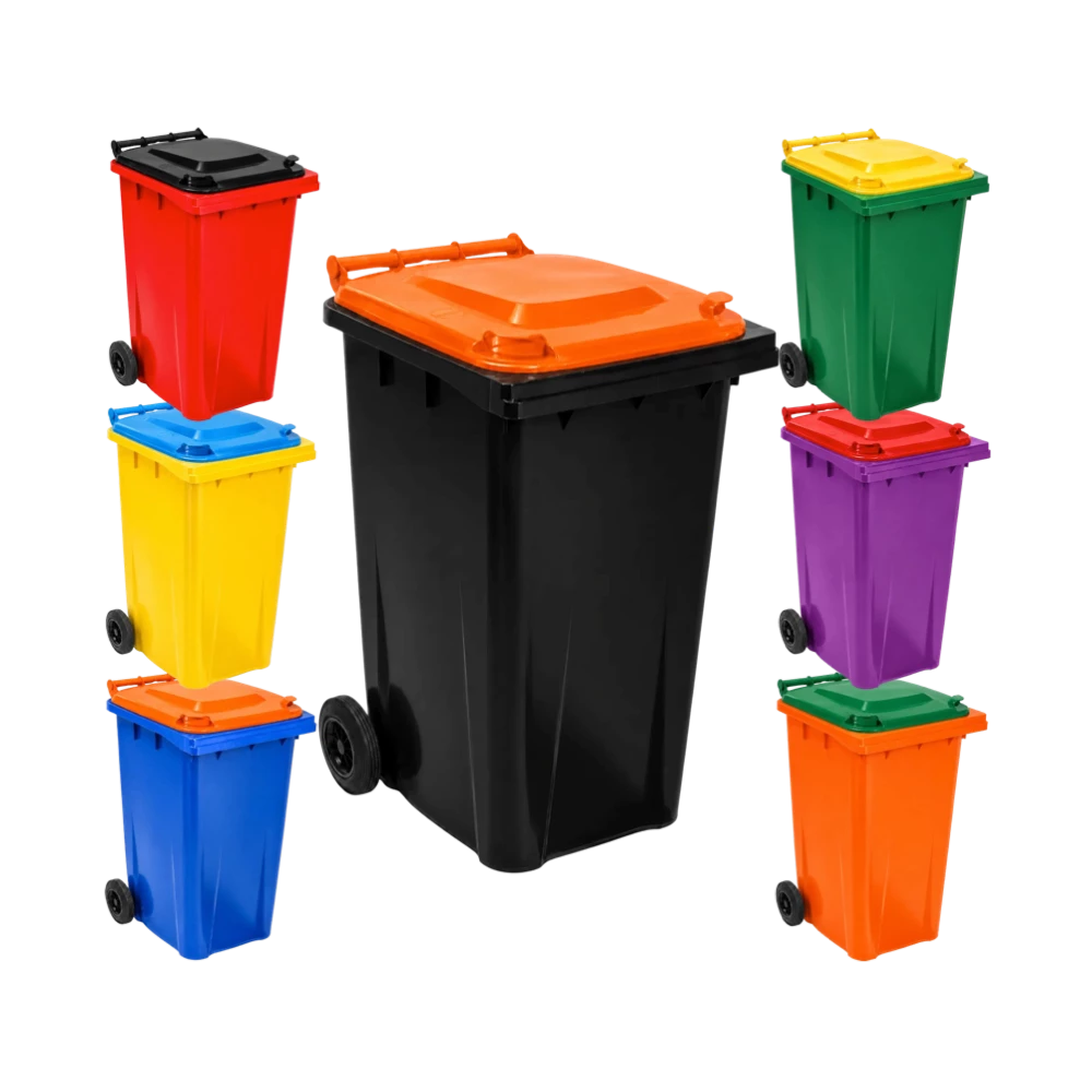 Wheelie Bin Direct's 240 Litre Plastic Wheelie Bin mix-and-match body and lid colours, black, blue, green, purple, red, range and yellow
