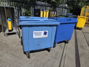 1100L Blue Contenur Plastic Secondhand Wheelie Bin